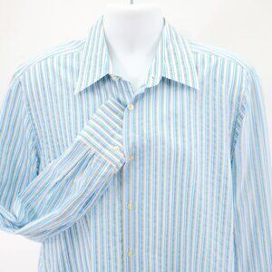 Hugo Boss Slim Fit Blue Tan White Striped‎ XL Collared Dress Shirt Long Sleeve